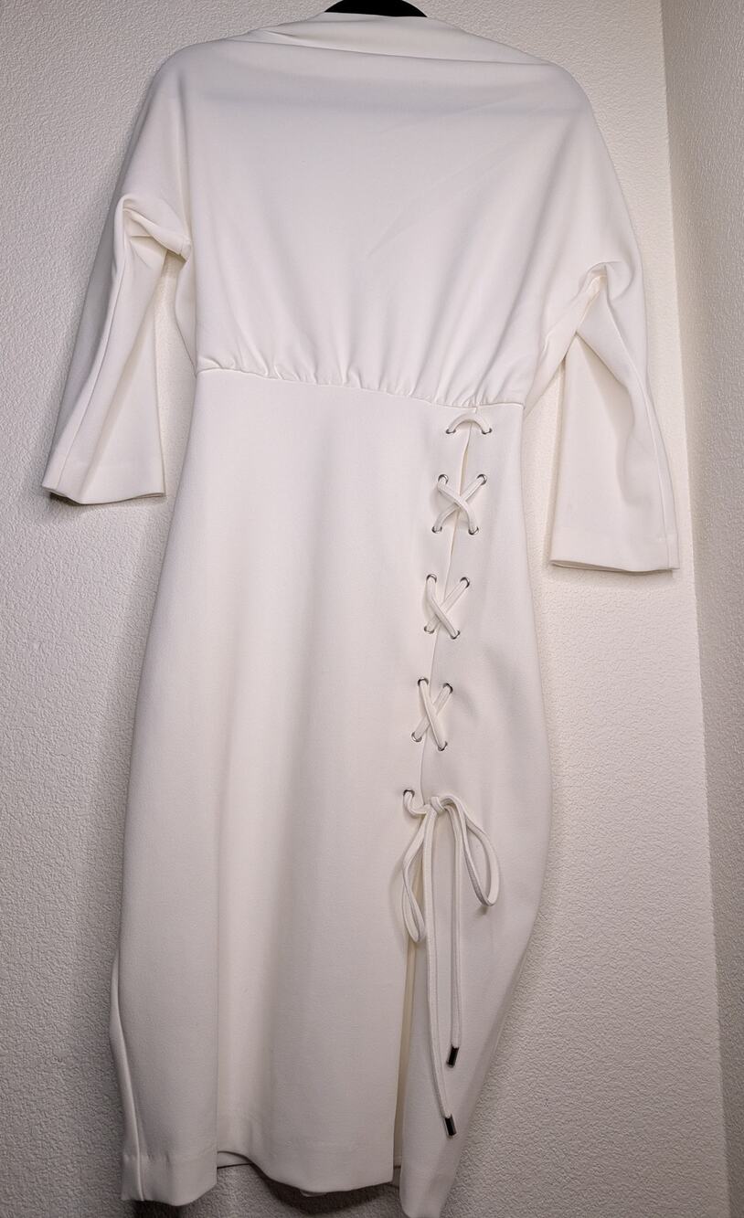 Belle Badgley Mischka NWT Felicia White Lace-up Dress 6 Chic Asymm Ruched Party